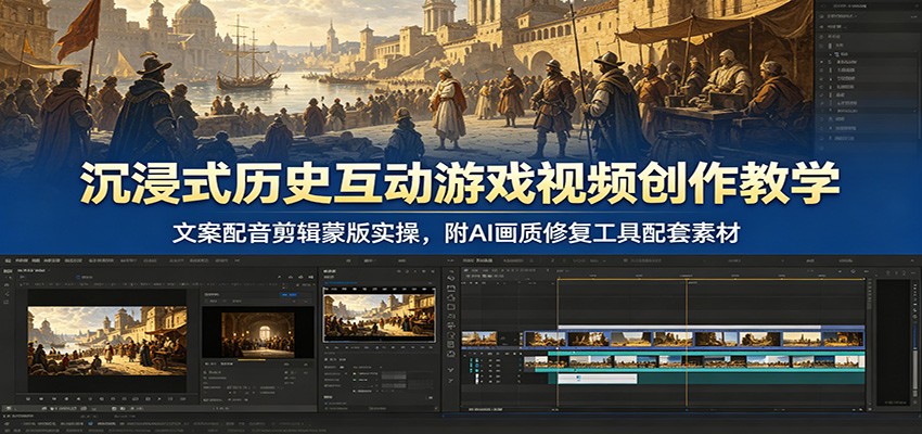 沉浸式历史互动游戏视频创作教学:文案配音剪辑蒙版实操,附AI画质修复工具配套素材-卿云社