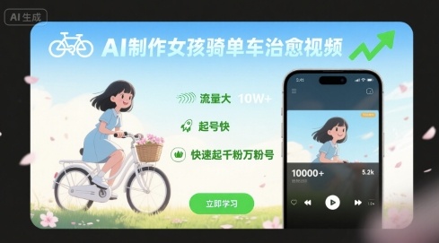 AI制作女孩骑单车治愈视频，流量大，起号快，快速起千粉万粉号-卿云社