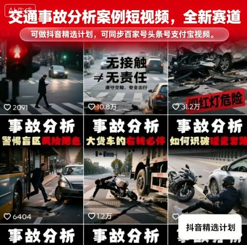 交通事故分析案例短视频，全新赛道，可做抖音精选计划，可同步百家号头条号支付宝视频号平台-卿云社