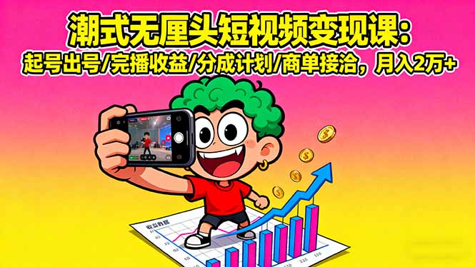 潮式无厘头短视频变现课：起号出号/完播收益/分成计划/商单接洽，月入2万+-卿云社