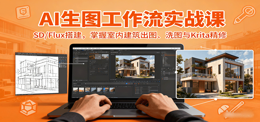 AI生图工作流实战课：SD/Flux搭建，掌握室内建筑出图、洗图与Krita精修-卿云社
