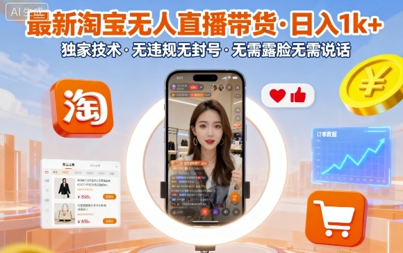 最新淘宝无人直播带货，日入1k+，独家技术，无违规无封号，无需露脸无需说话【揭秘】-卿云社