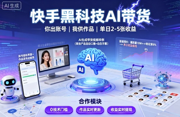 快手黑科技AI带货，你提供账号，我提供作品并发布，单日2-5张【揭秘】-卿云社