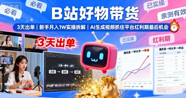 B站好物带货，3天出单，新手月入1W实操拆解，AI生成视频，抓住平台红利期最后机会-卿云社
