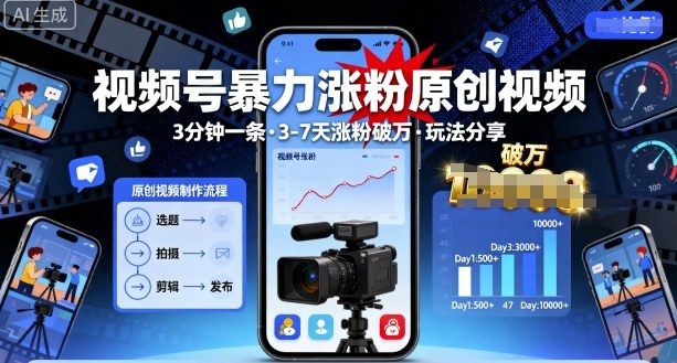 视频号暴力涨粉原创视频，3分钟一条原创视频，3-7天涨粉破万，玩法分享给你-卿云社