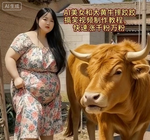 AI美女和大黄牛摔跤搞笑荒诞视频制作教程，快速涨千粉万粉-卿云社