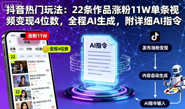 抖音热门玩法：22条作品涨粉11W单条视频变现4位数，全程AI生成，附详细AI指令-卿云社