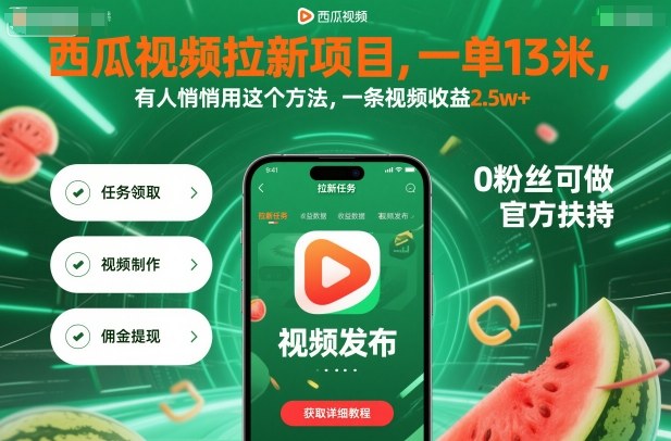 西瓜视频拉新项目，一单13米，有人悄悄用这个方法，一条视频收益2.5w+(附详细教程)-卿云社