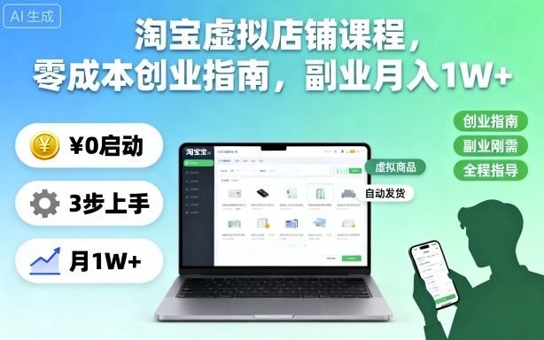 淘宝虚拟店铺课程，零成本创业指南，副业月入1W+-卿云社