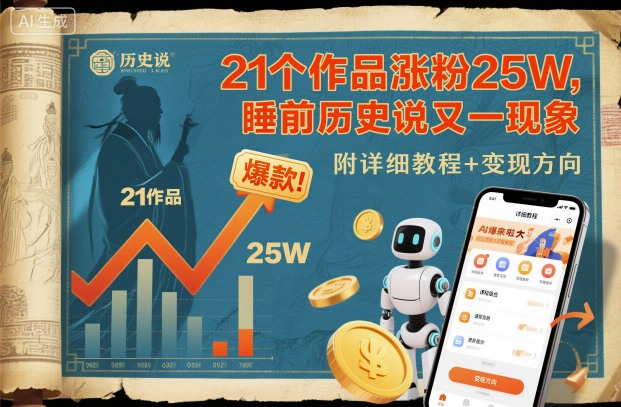 21个作品涨粉25W，睡前历史说又一现象级AI内容大爆款来啦，附详细教程+变现方向-卿云社