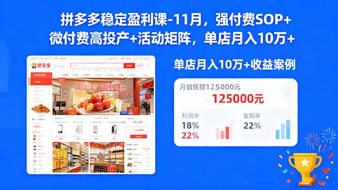 拼多多稳定盈利课-11月，强付费SOP+微付费高投产+活动矩阵，单店月入10w+-卿云社