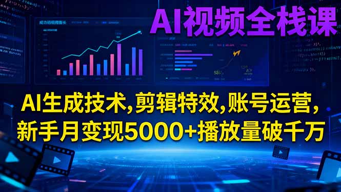 AI视频全栈课:AI生成技术,剪辑特效,账号运营,新手月变现5000+播放量破千万-卿云社