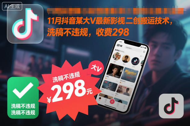 11月抖音某大V最新影视二创搬运技术，洗稿不违规，收费298-卿云社