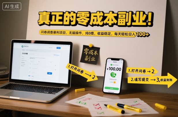 真正的零成本副业！问卷调查暴利项目，无脑操作，纯0撸，收益稳定，每天轻松日入100+【揭秘】-卿云社