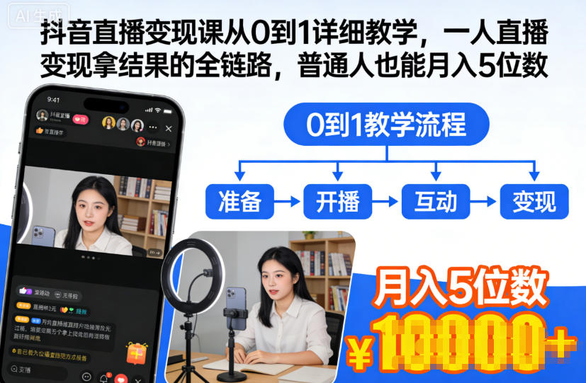 抖音直播变现课从0到1详细教学，一人直播变现拿结果的全链路，普通人也能月入5位数-卿云社