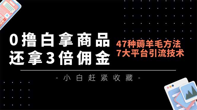 0撸白拿商品，还拿3倍佣金，47种薅羊毛方法，7大平台全方位引流技术教学，精专月入过万-卿云社