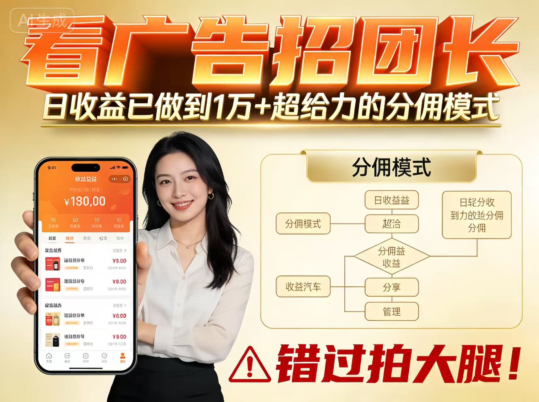 看广告招团长，团队收益已做到日入1万，分佣模式超给力，错过拍大腿-卿云社