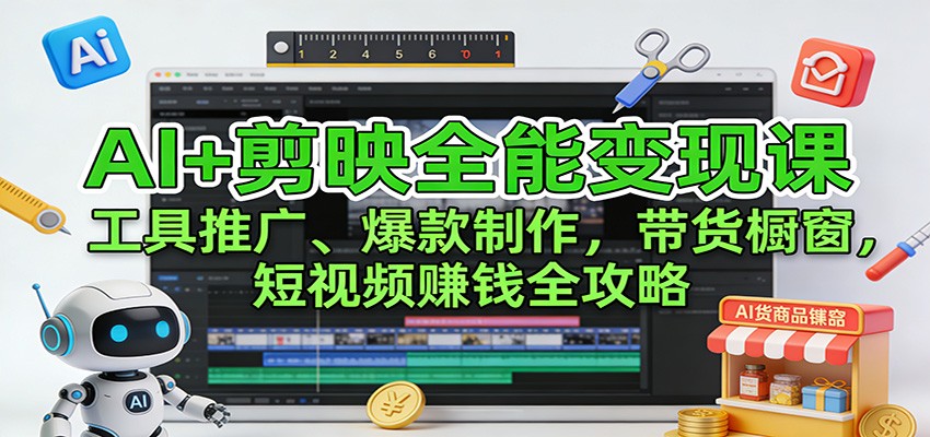 AI+剪映全能变现课：工具推广、爆款制作、带货橱窗，短视频赚钱全攻略-卿云社