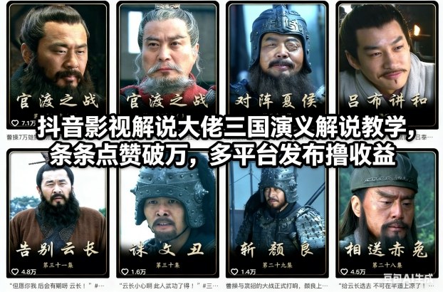 抖音影视解说大佬三国演义解说教学，条条点赞破万，多平台发布撸收益-卿云社