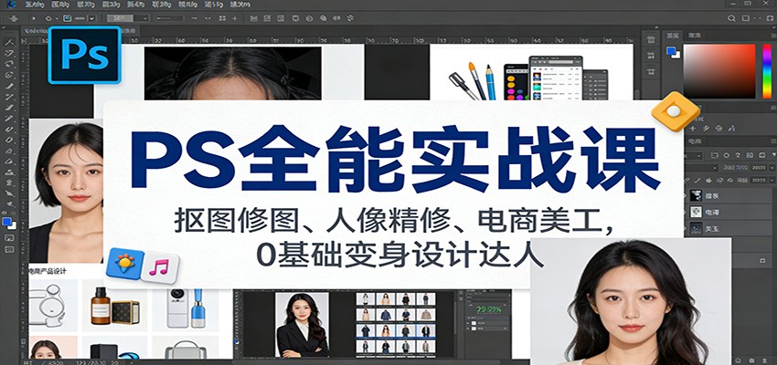 PS全能实战课：抠图修图、人像精修、电商美工，0基础变身设计达人-卿云社