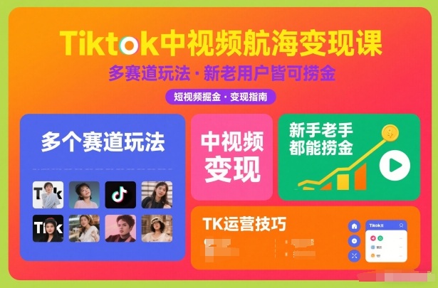 Tiktok中视频航海变现课，多个赛道玩法，新手老手都能在TK中视频捞金-卿云社