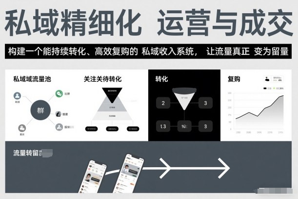 私域精细化运营与成交，构建一个能持续转化、高效复购的私域收入系统，让流量真正变为留量-卿云社