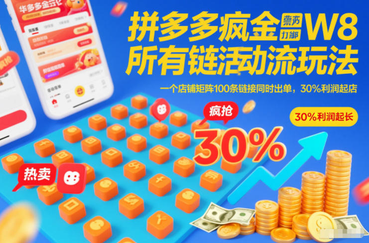 拼多多疯狂活动流玩法，所有链接全部打标，一个店铺矩阵100条链接同时出单，30%利润起店-卿云社