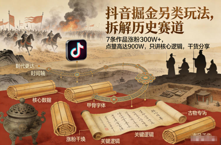 抖音掘金另类玩法，拆解历史赛道，7条作品涨粉300W+，点赞量高达900W，只讲核心逻辑，干货分享-卿云社