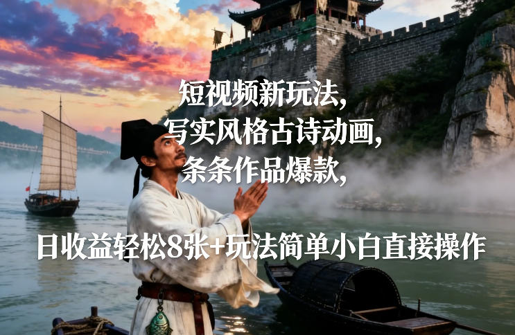 短视频新玩法，写实风格古诗动画，条条作品爆款，日收益轻松8张+玩法简单小白直接操作-卿云社