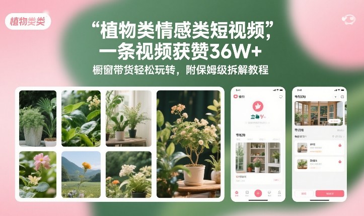 植物类情感类短视频，一条视频获赞36W+，橱窗带货轻松玩转，附保姆级拆解教程-卿云社