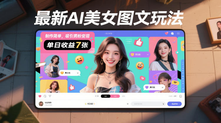 最新AI美女图文玩法,制作简单,吸引男粉变现,单天收益7张