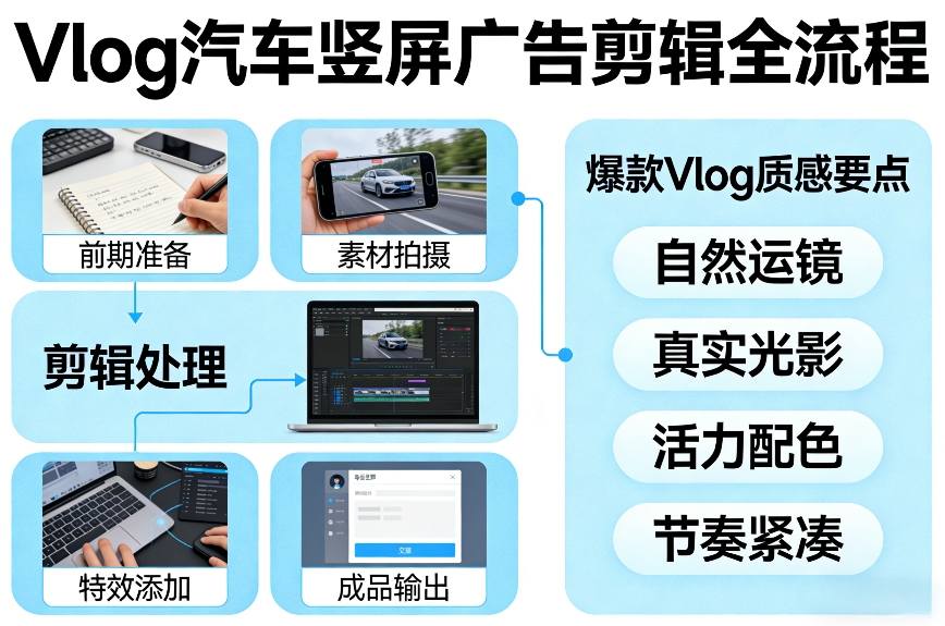Vlog感觉汽车竖屏广告剪辑脚本全流程，拿捏爆款Vlog质感-卿云社