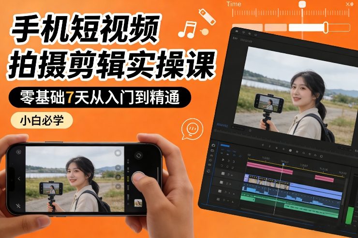 手机短视频拍摄剪辑实操课，零基础7天从入门到精通，小白必学-卿云社