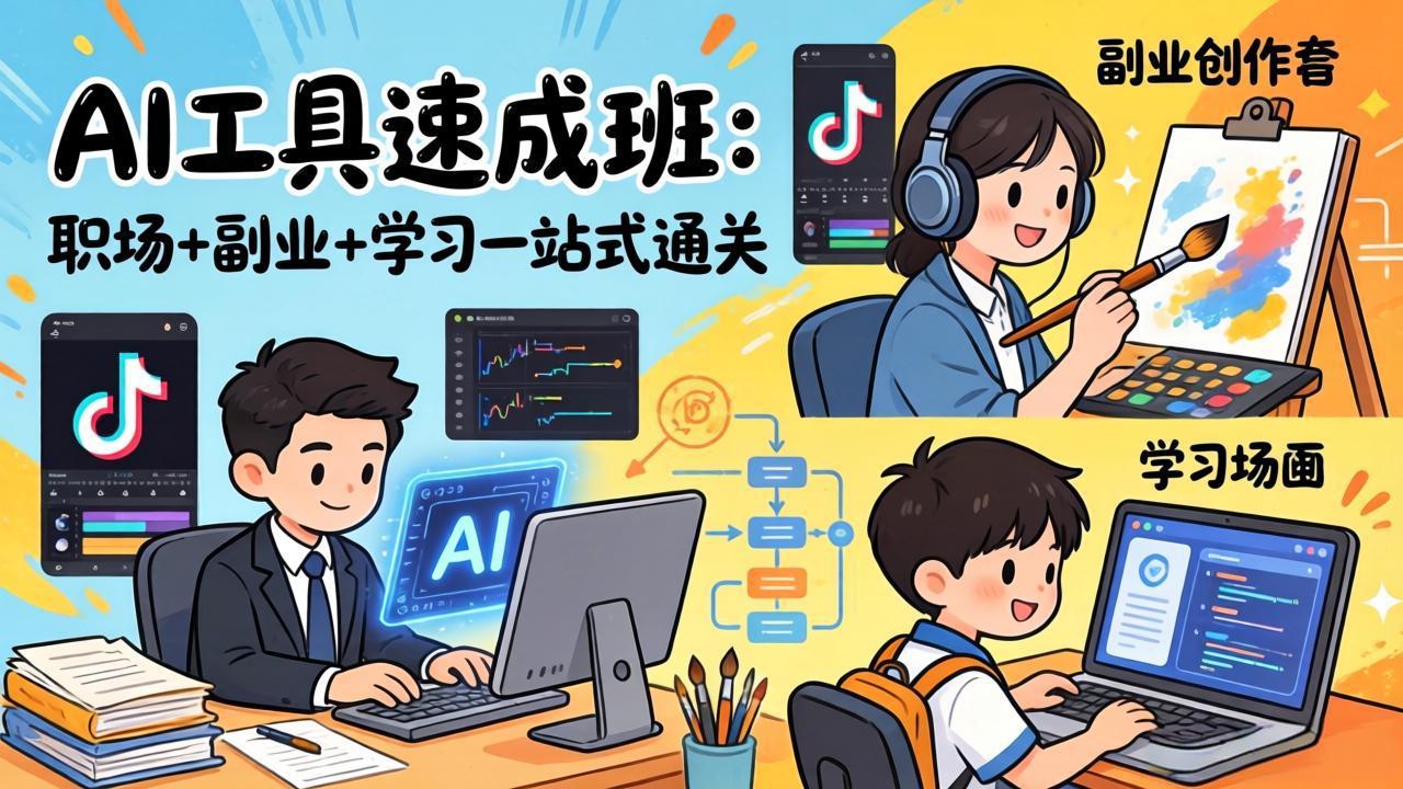 AI工具速成班：职场+副业+学习一站式通关，20+爆款类型+剪映技巧+抖音算法，0基础快速上手-卿云社