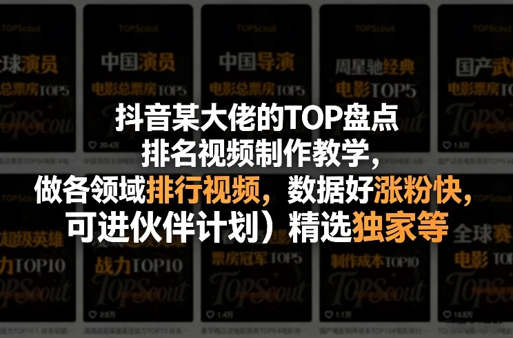 抖音某大佬的TOP盘点排名视频制作，做各领域排行视频，数据好涨粉快，可进伙伴计划＋精选独家等-小艾项目网