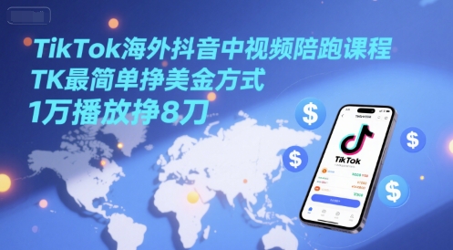 TikTok海外抖音中视频陪跑课程，TK最简单挣美金方式，1万播放挣8刀-卿云社