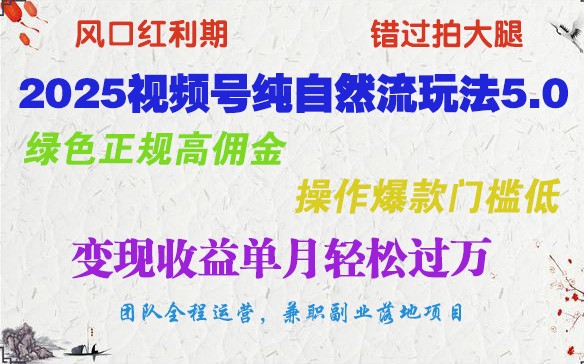 2025视频号纯自然流玩法5.0，绿色正规高佣金，操作爆款门槛低，变现收益单月轻松过万-卿云社