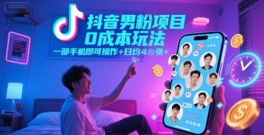 抖音男粉项目0成本玩法，一部手机即可操作，日均4张+，时间自由-卿云社