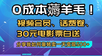 0成本薅羊毛!视频会员、话费卷、30元电影票白送，分享我如何靠转卖一天变现5张+【揭秘】-卿云社