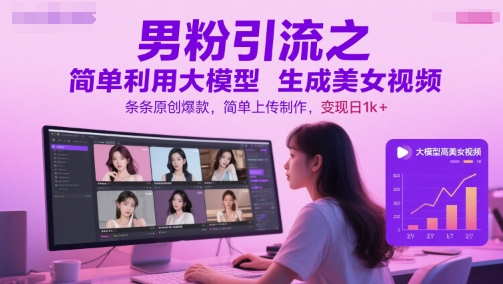 男粉引流之简单利用大模型生成美女视频，条条原创爆款，简单上传制作，变现日1k+-卿云社
