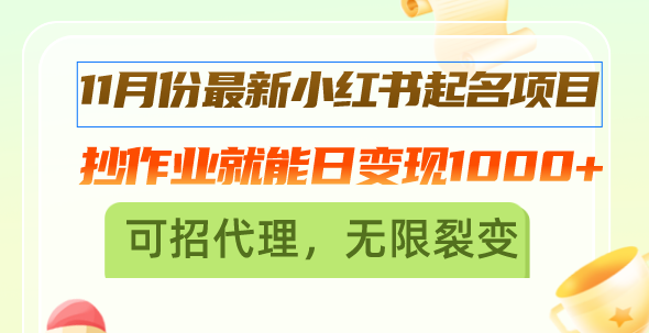 11月份最新小红书起名项目，抄作业就能日变现1000+，可招代理，无限裂变-卿云社