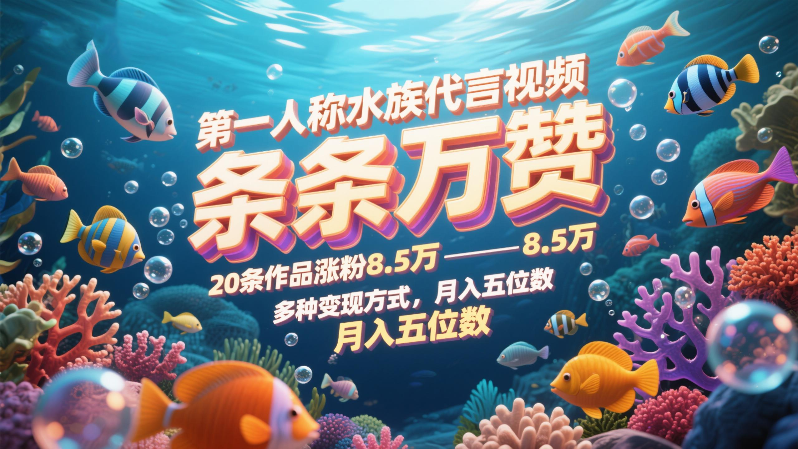 第一人称水族代言视频,条条万赞,20条作品涨粉8.5万,多种变现方式月,入五位数-卿云社